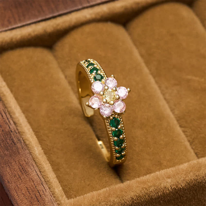 Buddha Stones Anillo abierto floral con incrustaciones de loto de cobre - 17 mm-US7 - image 0