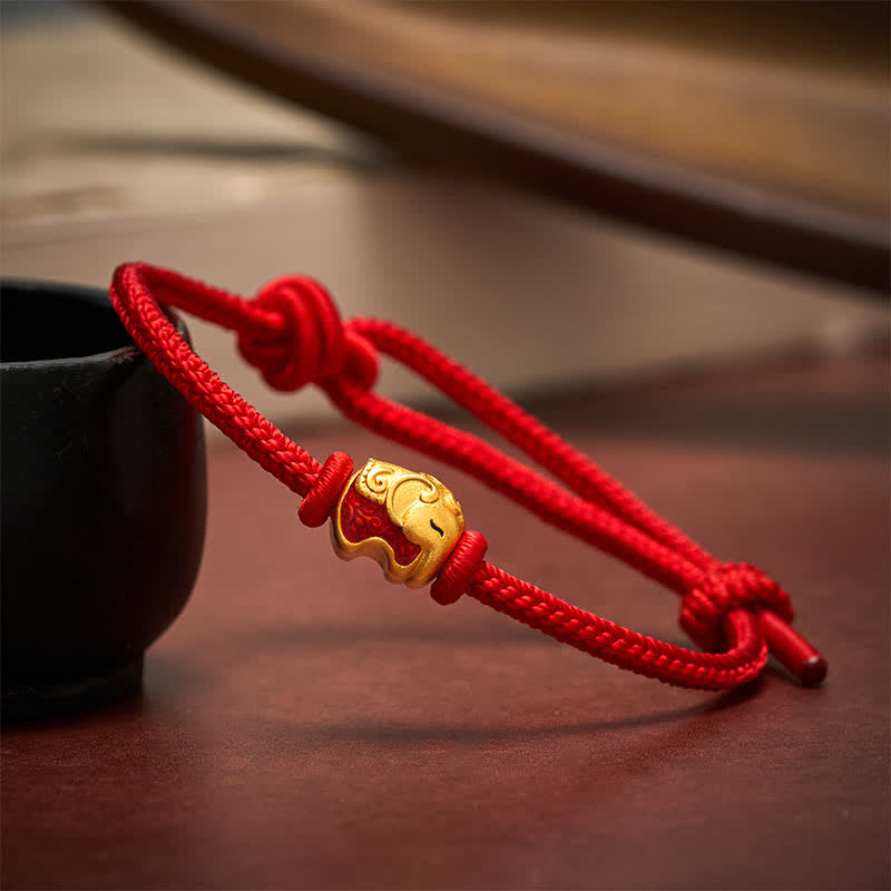 Buddha Stones Pulsera de cobre con elefante y cuerda roja - Rojo - image 0
