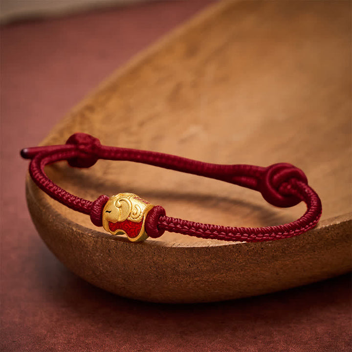 Buddha Stones Pulsera de cobre con elefante y cuerda roja - Rojo oscuro - image 10