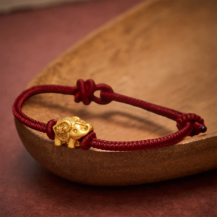 Buddha Stones Pulsera de fuerza de cobre con hilo rojo de elefante - Rojo oscuro - image 10