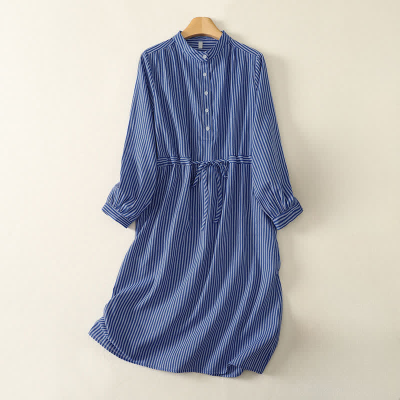 Buddha Stones Vestido de manga larga para mujer, informal, de primavera/otoño, con cordón ajustable, rayas azules y bolsillos. - Azul real - US14, UK/AU18, EU46 (2XL) - image 0