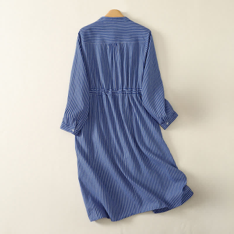 Buddha Stones Vestido de manga larga para mujer, informal, de primavera/otoño, con cordón ajustable, rayas azules y bolsillos. - image 1