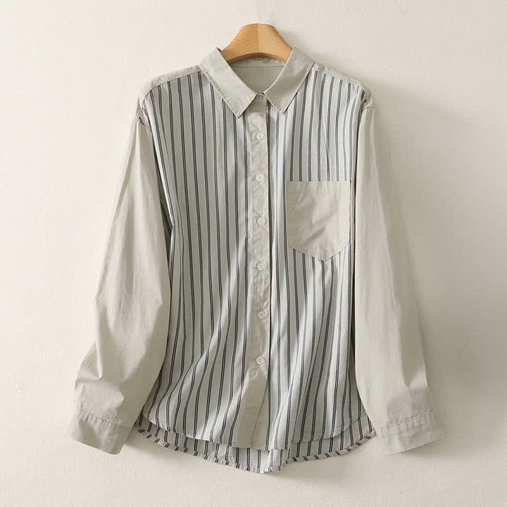 Buddha Stones Camisa de manga larga para mujer, estilo casual de primavera, minimalista, con botones, estampado de retazos a rayas y bolsillo de parche. - image 10