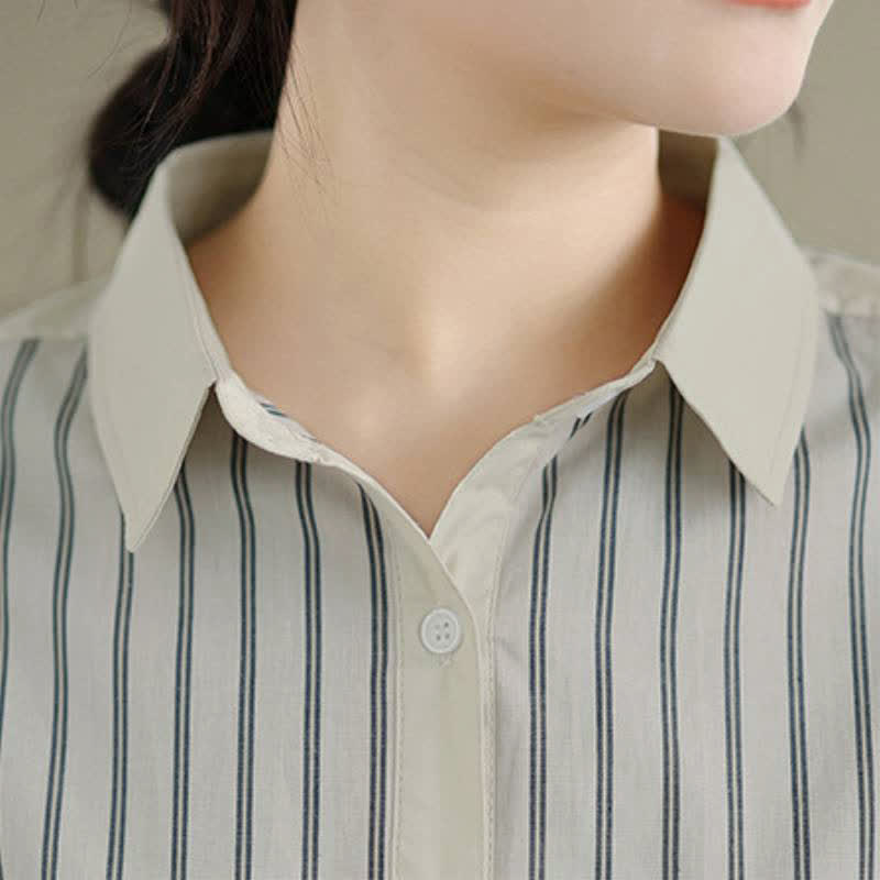 Buddha Stones Camisa de manga larga para mujer, estilo casual de primavera, minimalista, con botones, estampado de retazos a rayas y bolsillo de parche. - image 11