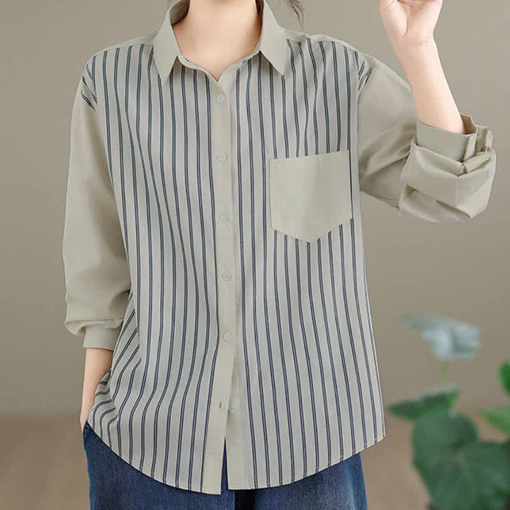 Buddha Stones Camisa de manga larga para mujer, estilo casual de primavera, minimalista, con botones, estampado de retazos a rayas y bolsillo de parche. - image 6