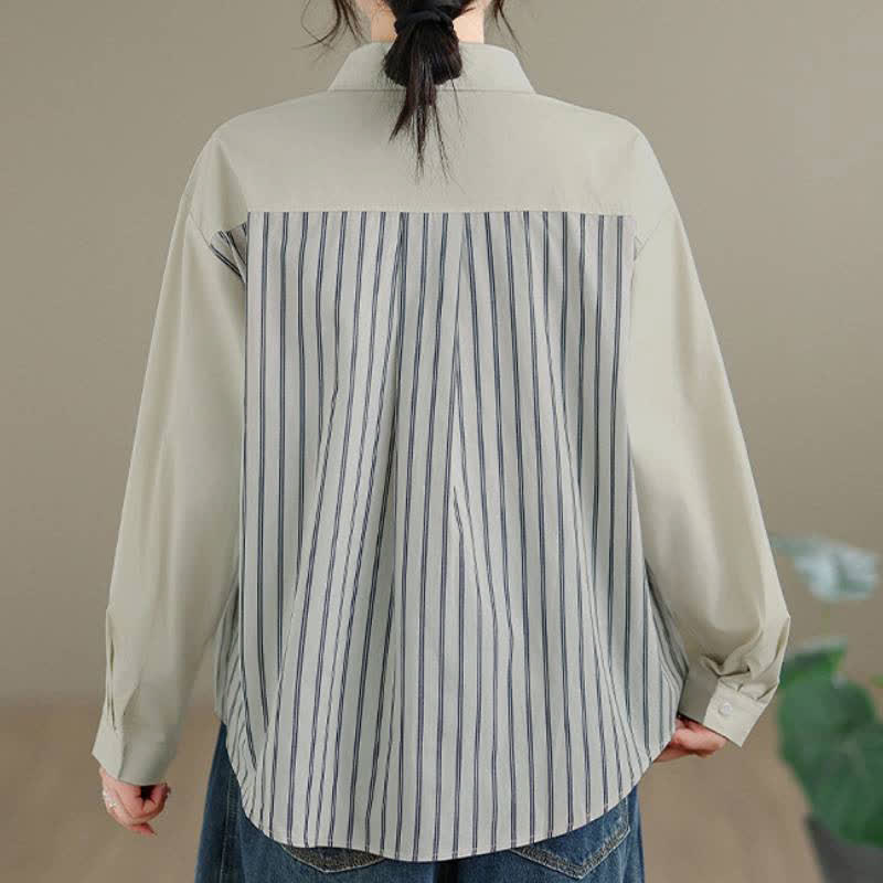 Buddha Stones Camisa de manga larga para mujer, estilo casual de primavera, minimalista, con botones, estampado de retazos a rayas y bolsillo de parche. - image 9
