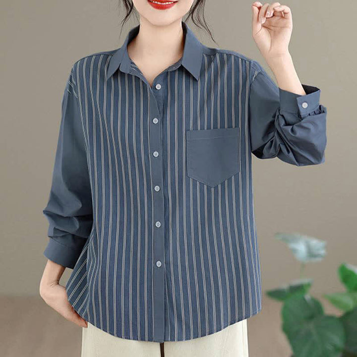 Buddha Stones Camisa de manga larga para mujer, estilo casual de primavera, minimalista, con botones, estampado de retazos a rayas y bolsillo de parche. - Azul acero - US8-10, UK/AU12-14, EU40-42 (2XL) - image 0