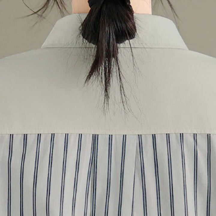 Buddha Stones Camisa de manga larga para mujer, estilo casual de primavera, minimalista, con botones, estampado de retazos a rayas y bolsillo de parche. - image 12