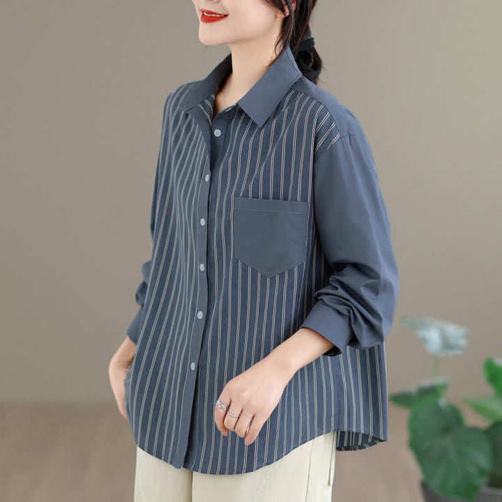 Buddha Stones Camisa de manga larga para mujer, estilo casual de primavera, minimalista, con botones, estampado de retazos a rayas y bolsillo de parche. - image 3