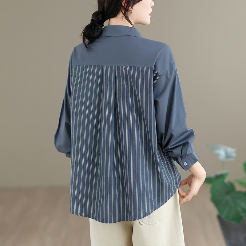 Buddha Stones Camisa de manga larga para mujer, estilo casual de primavera, minimalista, con botones, estampado de retazos a rayas y bolsillo de parche. - image 4
