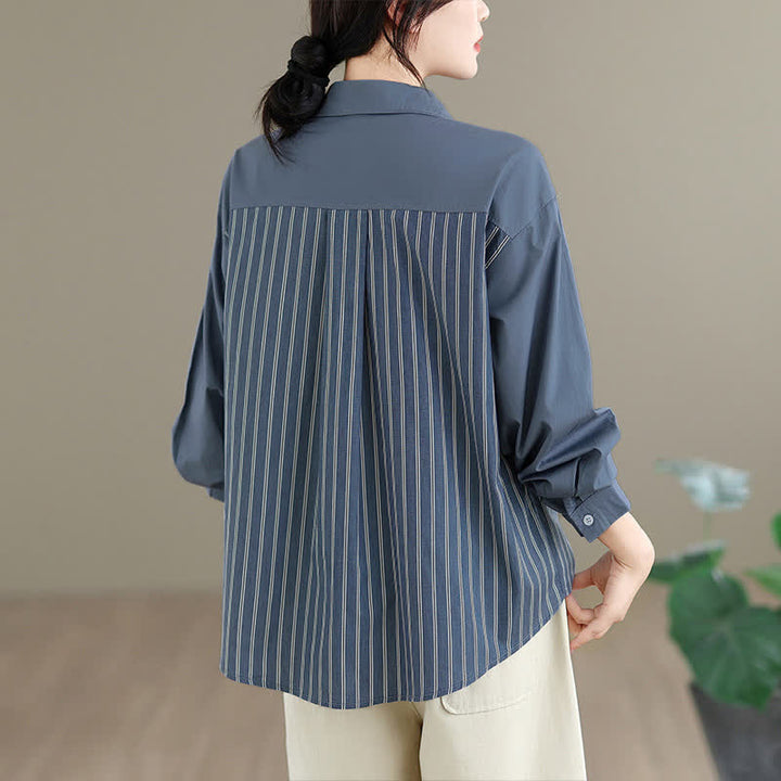 Buddha Stones Camisa de manga larga para mujer, estilo casual de primavera, minimalista, con botones, estampado de retazos a rayas y bolsillo de parche. - image 4
