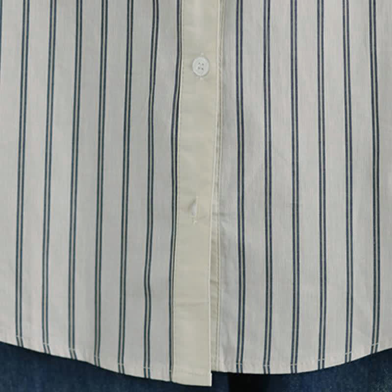 Buddha Stones Camisa de manga larga para mujer, estilo casual de primavera, minimalista, con botones, estampado de retazos a rayas y bolsillo de parche. - image 13