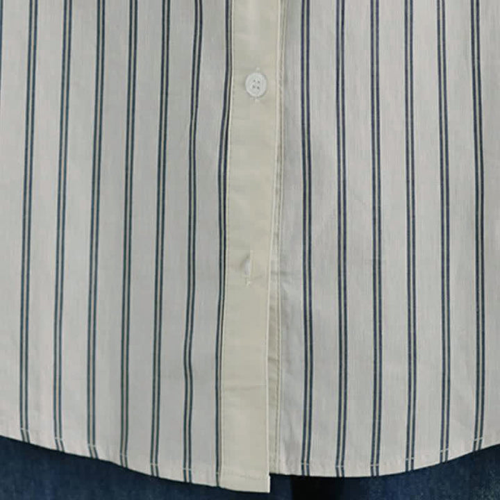 Buddha Stones Camisa de manga larga para mujer, estilo casual de primavera, minimalista, con botones, estampado de retazos a rayas y bolsillo de parche. - image 13