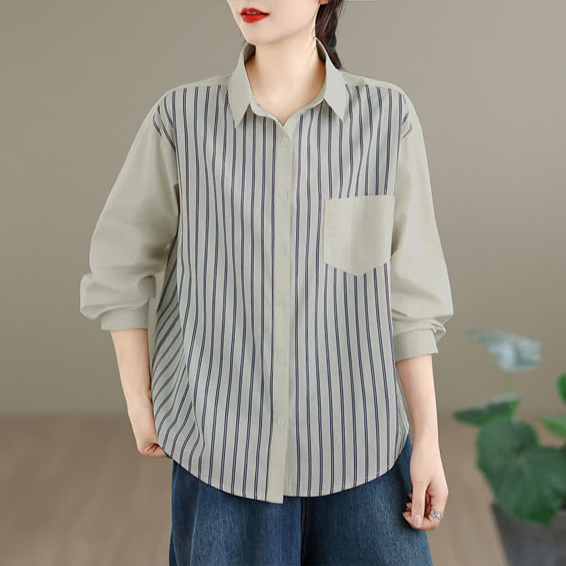 Buddha Stones Camisa de manga larga para mujer, estilo casual de primavera, minimalista, con botones, estampado de retazos a rayas y bolsillo de parche. - Beige - US8-10, UK/AU12-14, EU40-42 (2XL) - image 5