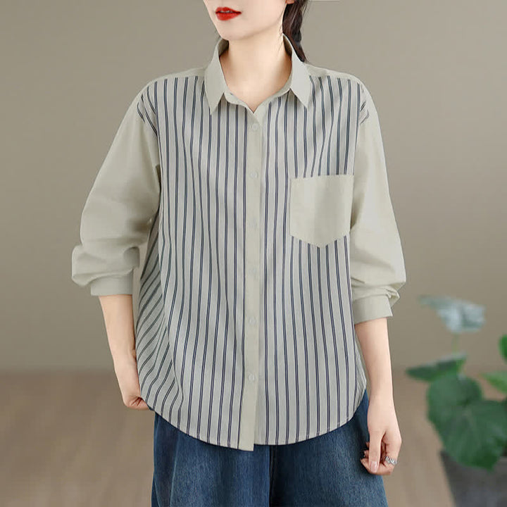 Buddha Stones Camisa de manga larga para mujer, estilo casual de primavera, minimalista, con botones, estampado de retazos a rayas y bolsillo de parche. - Beige - US8-10, UK/AU12-14, EU40-42 (2XL) - image 5