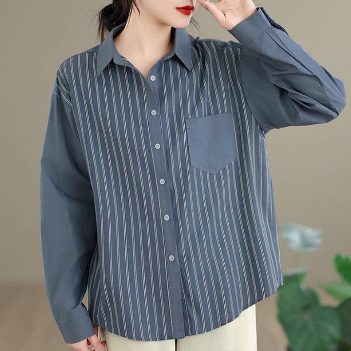 Buddha Stones Camisa de manga larga para mujer, estilo casual de primavera, minimalista, con botones, estampado de retazos a rayas y bolsillo de parche. - image 2