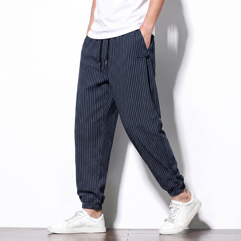 Buddha Stones Pantalones cortos básicos de manga larga a rayas con cordón ajustable para hombre, estilo primavera-verano, corte ajustado y con bolsillos. - image 1