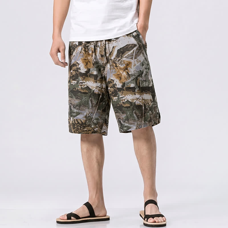 Buddha Stones Pantalones cortos deportivos informales de verano para hombre, con cordón ajustable, estampado de camuflaje de hojas, de algodón y ramio, con bolsillos. - Gris - US/UK/AU44, EU54 (4XL) - image 0