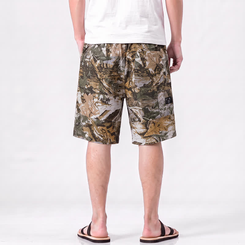 Buddha Stones Pantalones cortos deportivos informales de verano para hombre, con cordón ajustable, estampado de camuflaje de hojas, de algodón y ramio, con bolsillos. - image 1