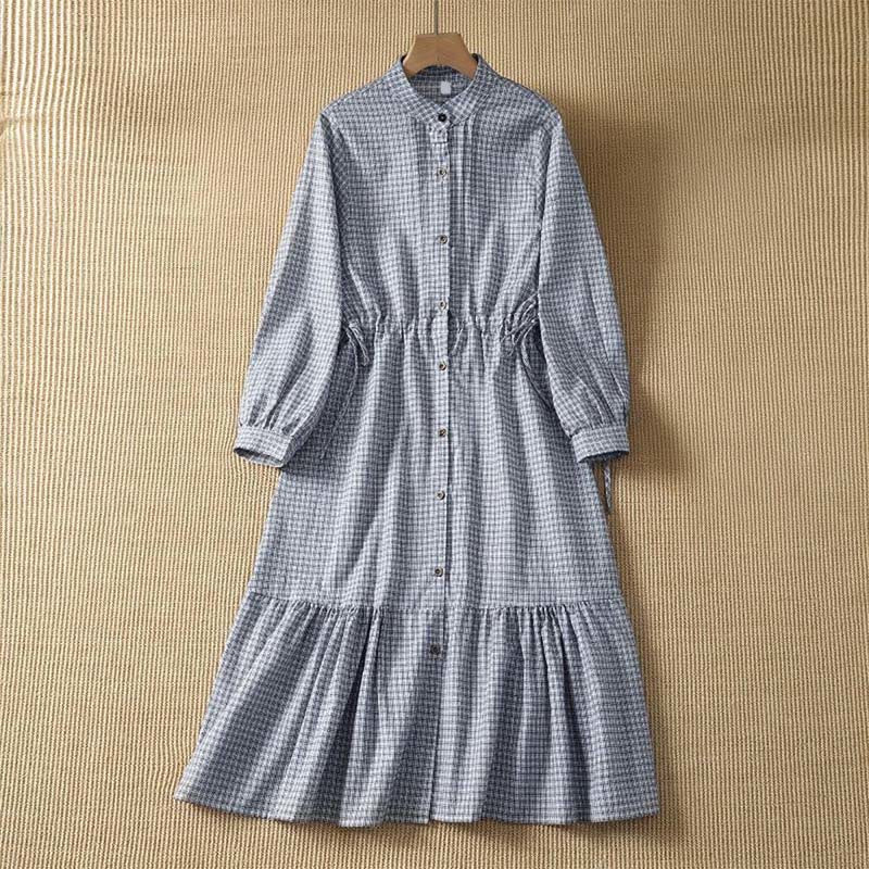 Buddha Stones Vestido de manga larga a cuadros con botones, estilo casual de primavera para mujer - Azul acero claro - US8-10, UK/AU12-14, EU40-42 (2XL) - image 0