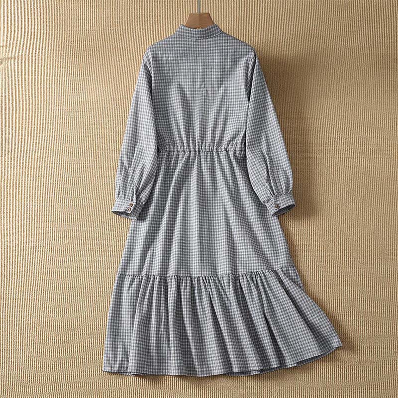 Buddha Stones Vestido de manga larga a cuadros con botones, estilo casual de primavera para mujer - image 2