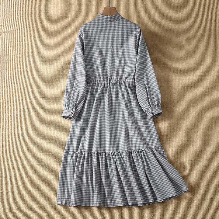 Buddha Stones Vestido de manga larga a cuadros con botones, estilo casual de primavera para mujer - image 2