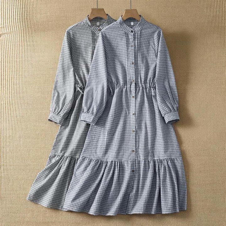Buddha Stones Vestido de manga larga a cuadros con botones, estilo casual de primavera para mujer - image 10