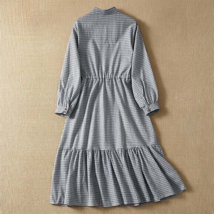 Buddha Stones Vestido de manga larga a cuadros con botones, estilo casual de primavera para mujer - image 3