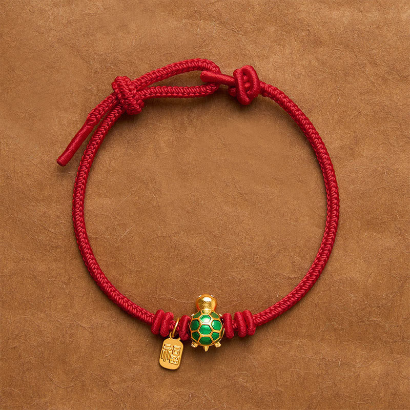 Buddha Stones Pulsera de la fortuna de hilo rojo con forma de tortuga y personaje Fu - Rojo oscuro - 6,7–7,5 pulgadas/17–19 cm - Personaje de Square Fu - image 0