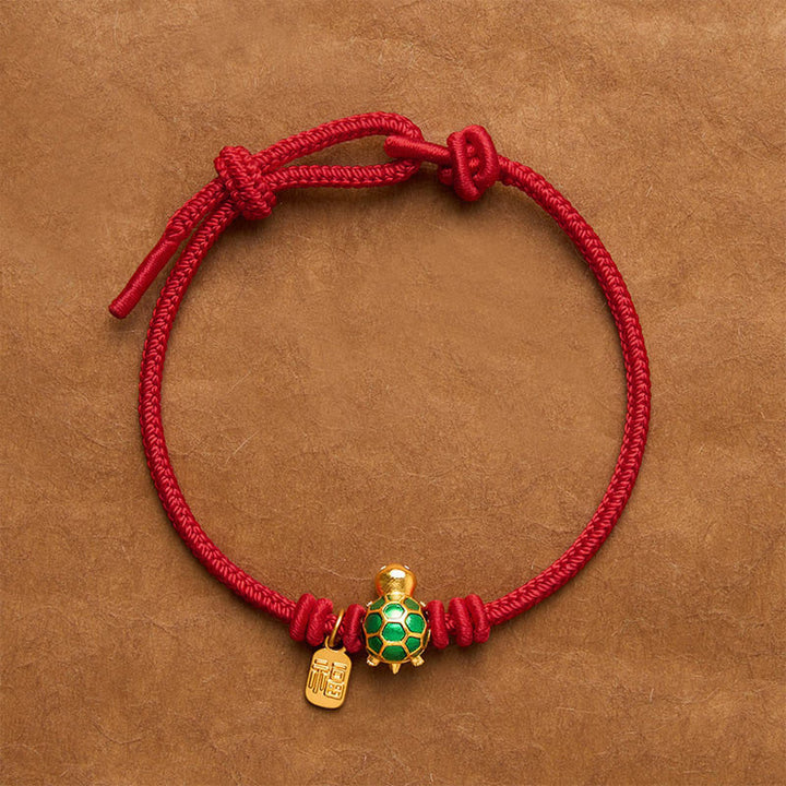 Buddha Stones Pulsera de la fortuna de hilo rojo con forma de tortuga y personaje Fu - Rojo oscuro - 6,7–7,5 pulgadas/17–19 cm - Personaje de Square Fu - image 0