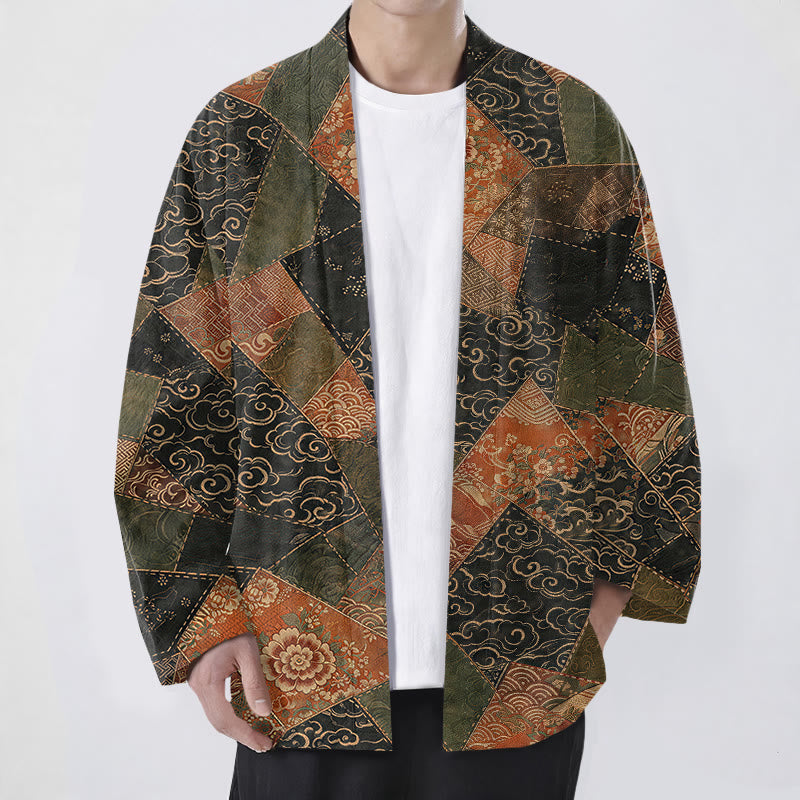 Buddha Stones Kimono de hombre de algodón con estampado de ondas y patchwork vintage, con frente abierto. - Negro - US/UK/AU48, UE58 (4XL) - image 0