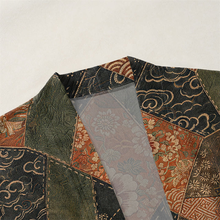 Buddha Stones Kimono de hombre de algodón con estampado de ondas y patchwork vintage, con frente abierto. - image 3