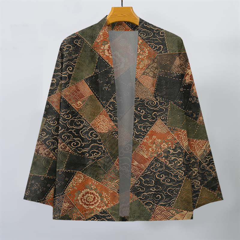 Buddha Stones Kimono de hombre de algodón con estampado de ondas y patchwork vintage, con frente abierto. - image 1