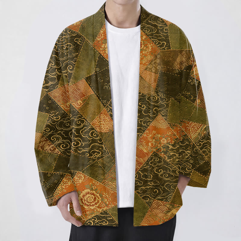 Buddha Stones Kimono de hombre de algodón con estampado de ondas y patchwork vintage, con frente abierto. - Verde oliva oscuro - US/UK/AU48, UE58 (4XL) - image 6