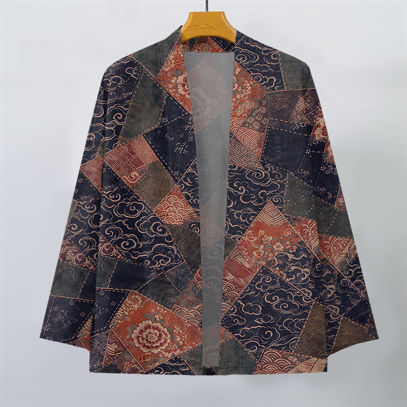 Buddha Stones Kimono de hombre de algodón con estampado de ondas y patchwork vintage, con frente abierto. - image 10