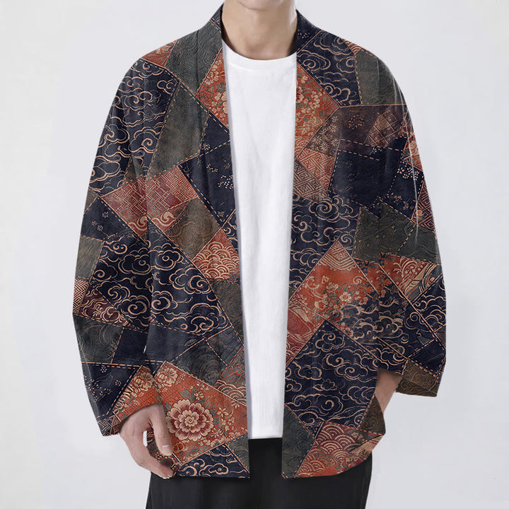 Buddha Stones Kimono de hombre de algodón con estampado de ondas y patchwork vintage, con frente abierto. - Marina de guerra - US/UK/AU48, UE58 (4XL) - image 9