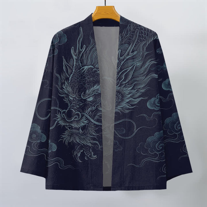 Buddha Stones Kimono de algodón con estampado de niebla de dragón antiguo y frente abierto para hombre - image 1