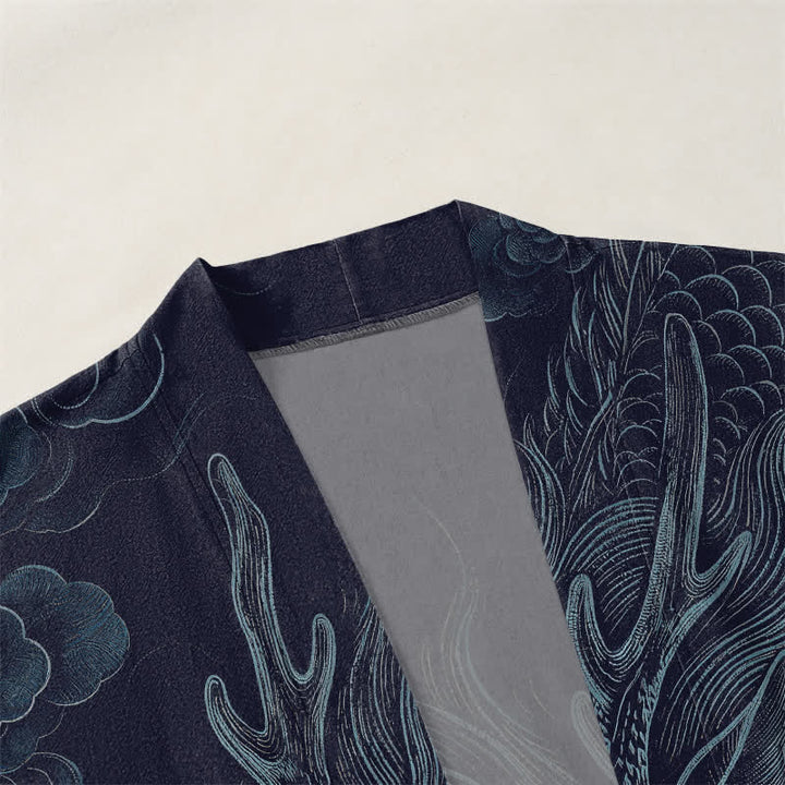 Buddha Stones Kimono de algodón con estampado de niebla de dragón antiguo y frente abierto para hombre - image 3