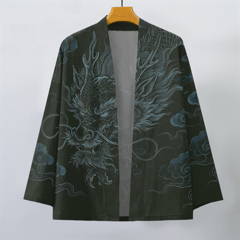 Buddha Stones Kimono de algodón con estampado de niebla de dragón antiguo y frente abierto para hombre - image 7
