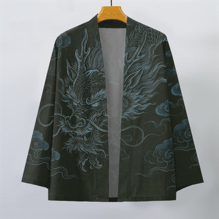 Buddha Stones Kimono de algodón con estampado de niebla de dragón antiguo y frente abierto para hombre - image 7