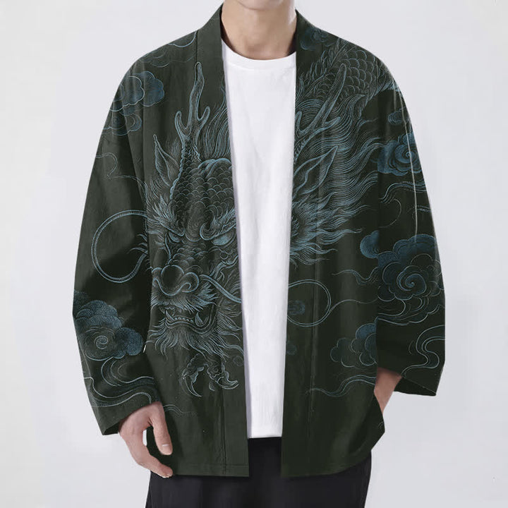 Buddha Stones Kimono de algodón con estampado de niebla de dragón antiguo y frente abierto para hombre - Verde oscuro - US/UK/AU48, UE58 (4XL) - image 6
