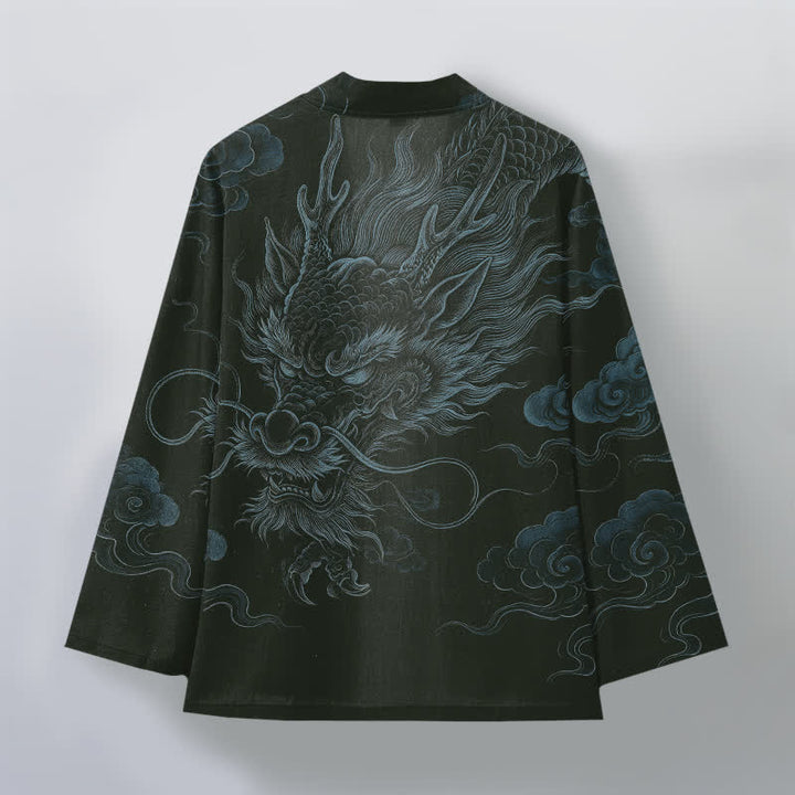 Buddha Stones Kimono de algodón con estampado de niebla de dragón antiguo y frente abierto para hombre - image 8