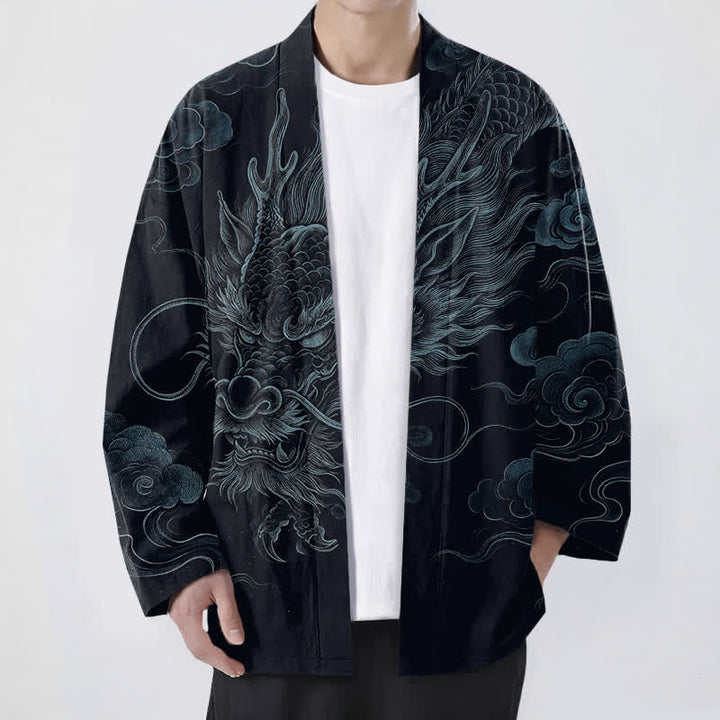 Buddha Stones Kimono de algodón con estampado de niebla de dragón antiguo y frente abierto para hombre - Negro - US/UK/AU48, UE58 (4XL) - image 9