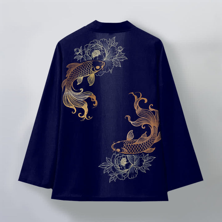 Buddha Stones Kimono de hombre de algodón con estampado de flores de koi y frente abierto. - image 2