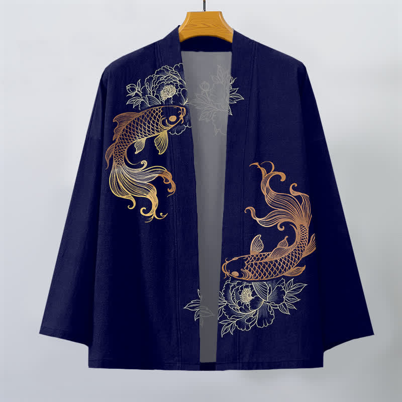 Buddha Stones Kimono de hombre de algodón con estampado de flores de koi y frente abierto. - image 1