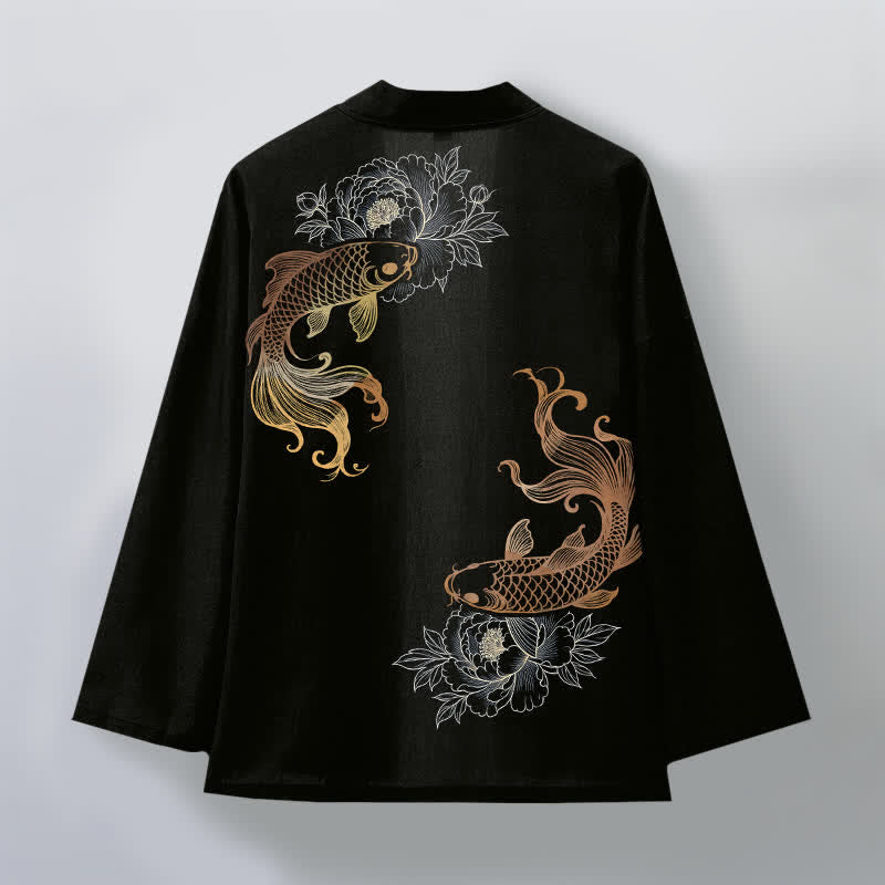 Buddha Stones Kimono de hombre de algodón con estampado de flores de koi y frente abierto. - image 8