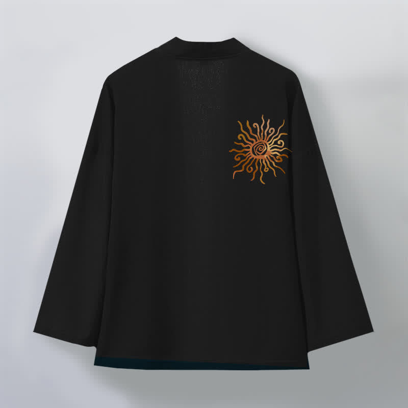 Buddha Stones Kimono de algodón con estampado de rayos de sol dorados y frente abierto para hombre - image 2