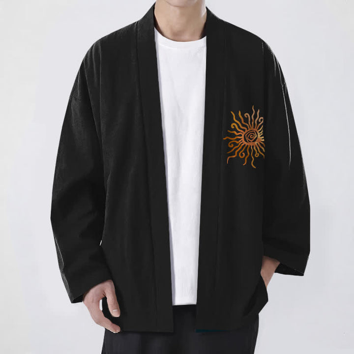 Buddha Stones Kimono de algodón con estampado de rayos de sol dorados y frente abierto para hombre - Negro - US/UK/AU48, UE58 (4XL) - image 0