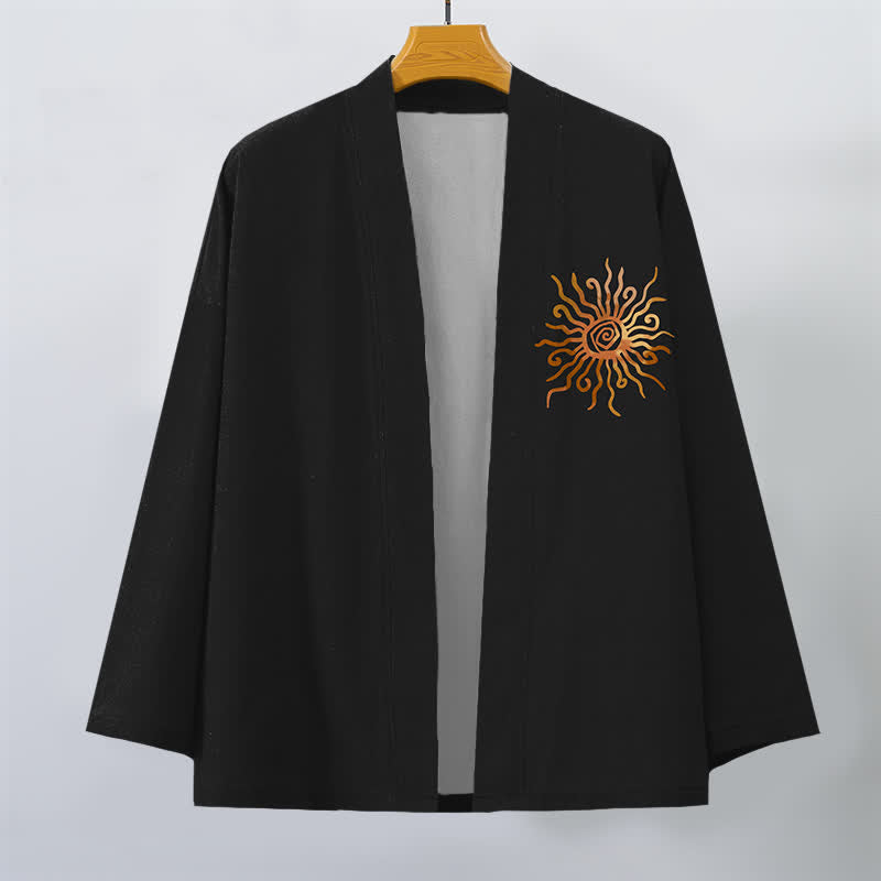 Buddha Stones Kimono de algodón con estampado de rayos de sol dorados y frente abierto para hombre - image 1