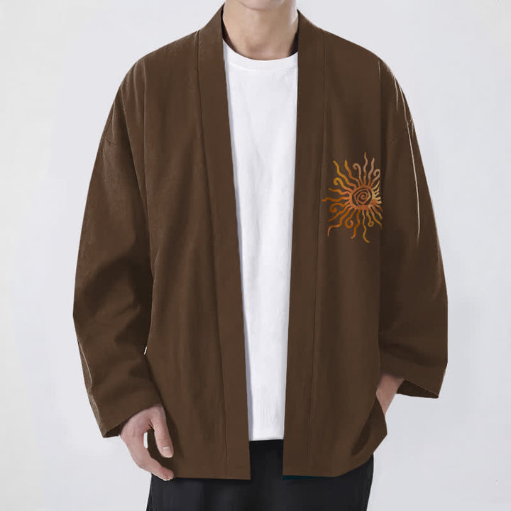 Buddha Stones Kimono de algodón con estampado de rayos de sol dorados y frente abierto para hombre - Marrón silla de montar - US/UK/AU48, UE58 (4XL) - image 6